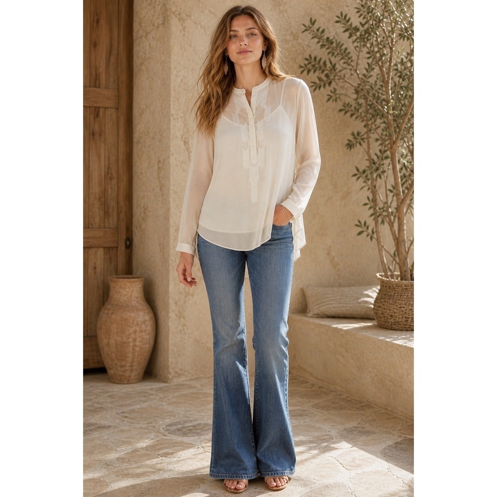 Sundance 100% Silk Cream Embroidered Boho Blouse Made in India SIZE M Cami Incl